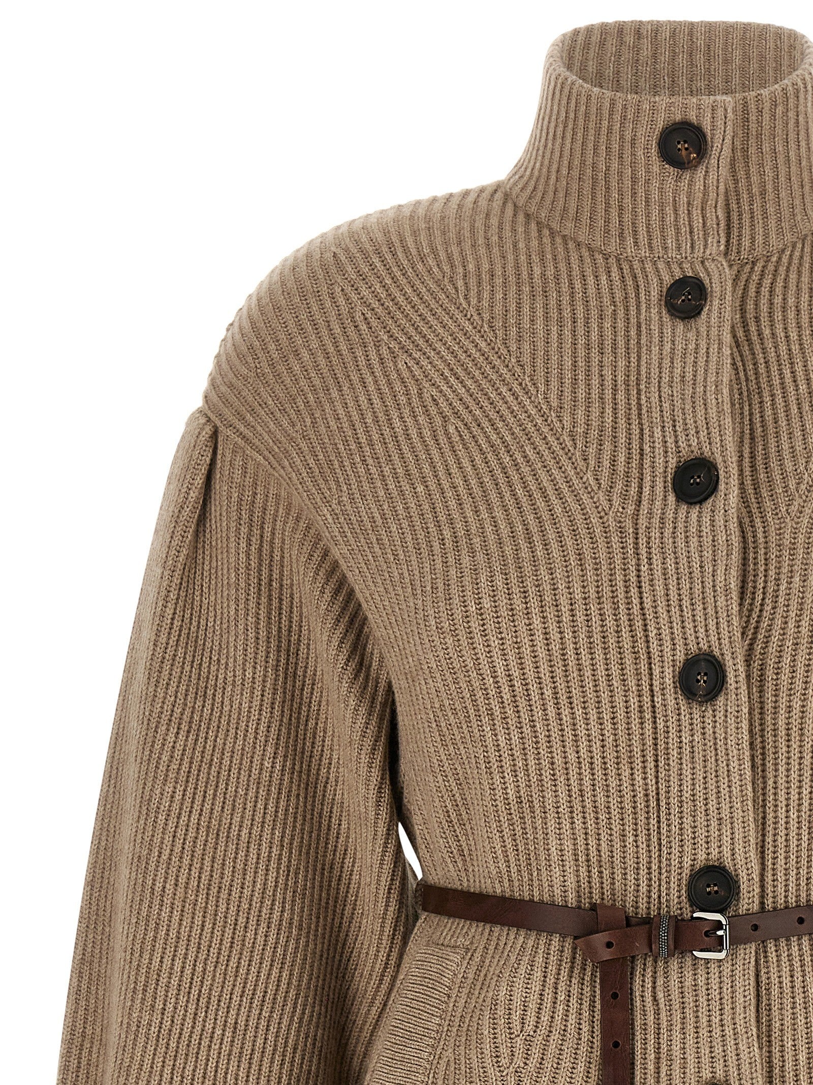 Brunello Cucinelli Women's English Half Ribbed Cardigan Beige