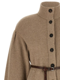 Brunello Cucinelli Women's English Half Ribbed Cardigan Beige