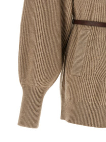 Brunello Cucinelli Women's English Half Ribbed Cardigan Beige