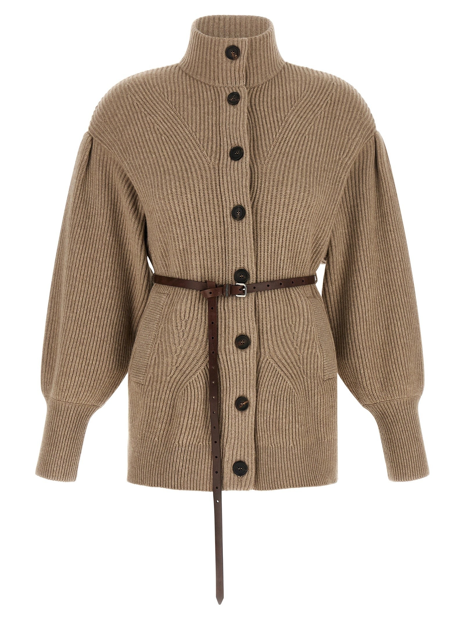 Brunello Cucinelli Women's English Half Ribbed Cardigan Beige