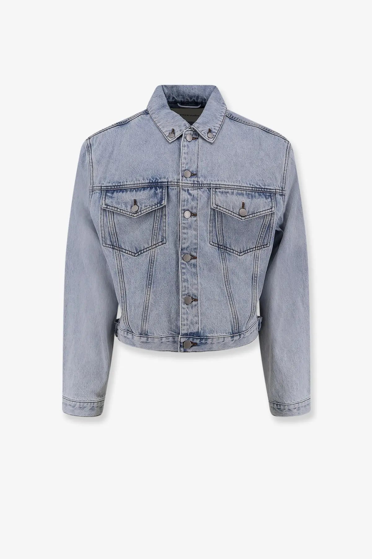 Entire Studios men’s denim jacket blue in light-wash with button front and two chest pockets