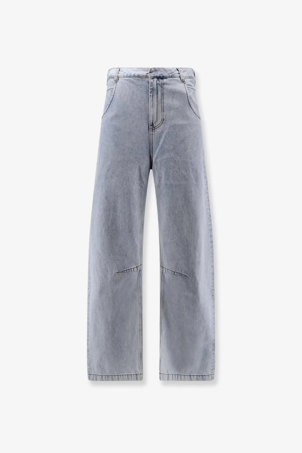 Light-wash cotton Entire Studios men’s Gem jeans with high-rise waist and wide-leg cut in blue denim