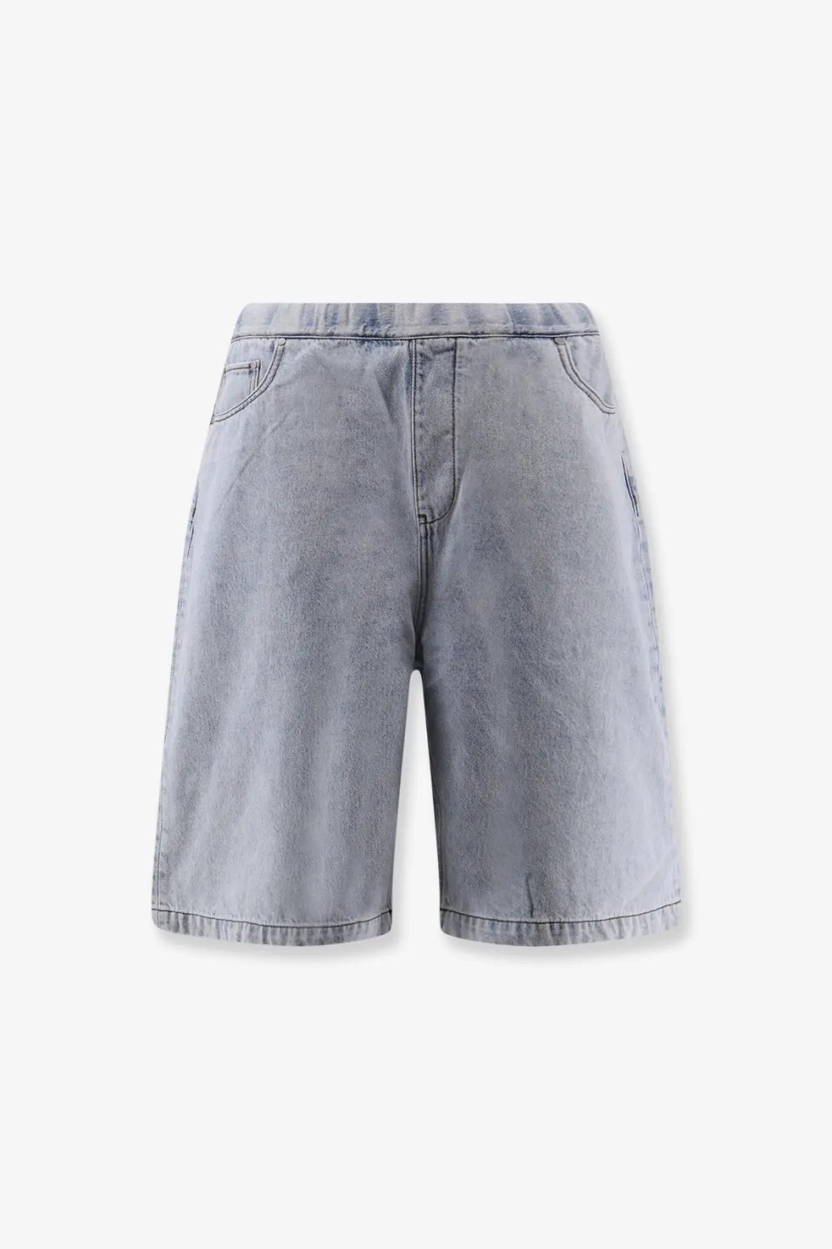 Entire Studios men’s light washed denim bermuda shorts in blue with light wash, relaxed fit, and classic five-pocket design
