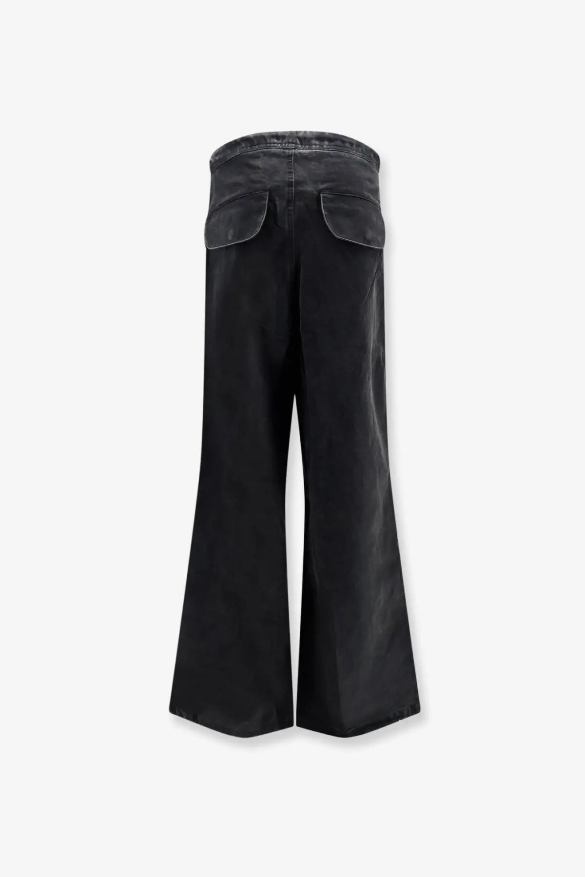 Black wide-leg denim trousers with relaxed fit and two back pockets shown from the back by entire studios unisex
