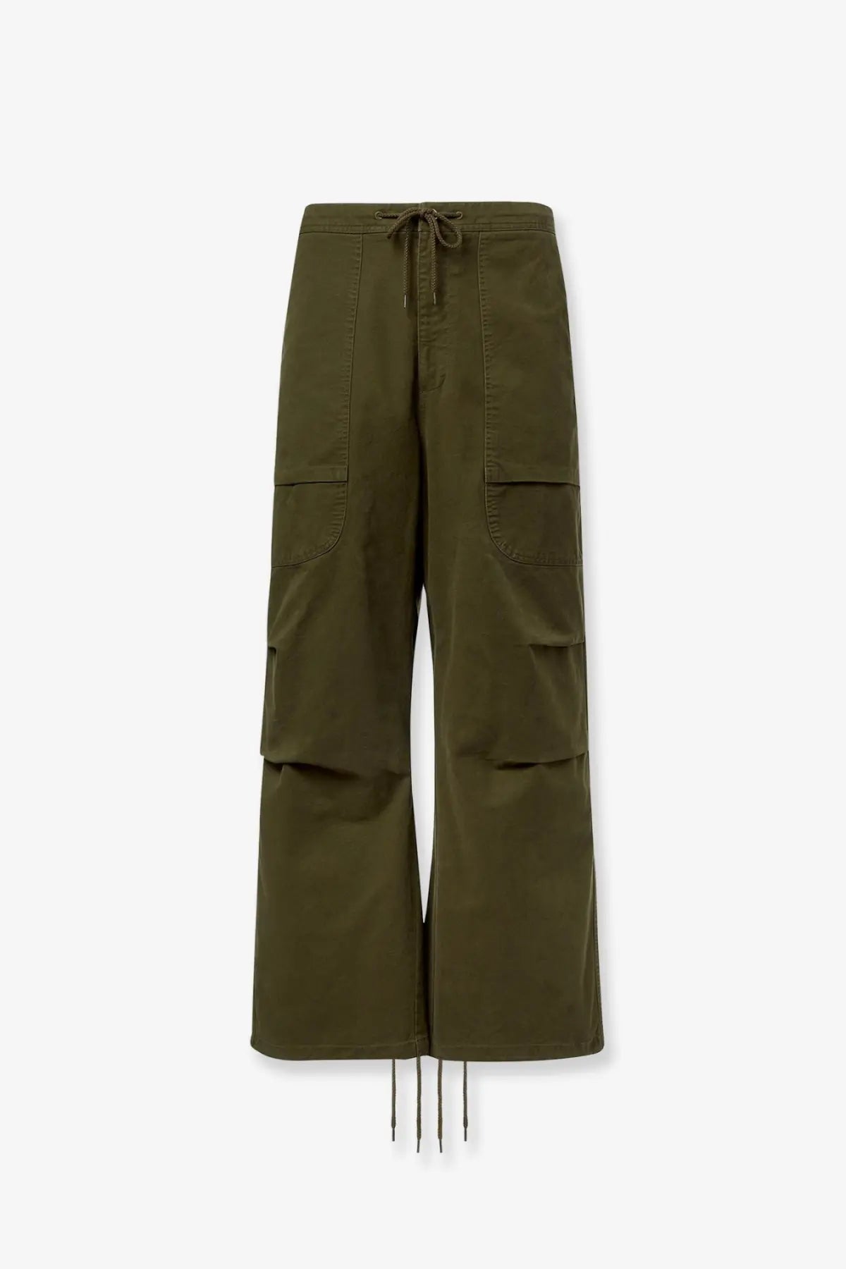 Entire studios unisex barren cargo trousers in pine olive green with wide legs and multiple pockets visible from the front