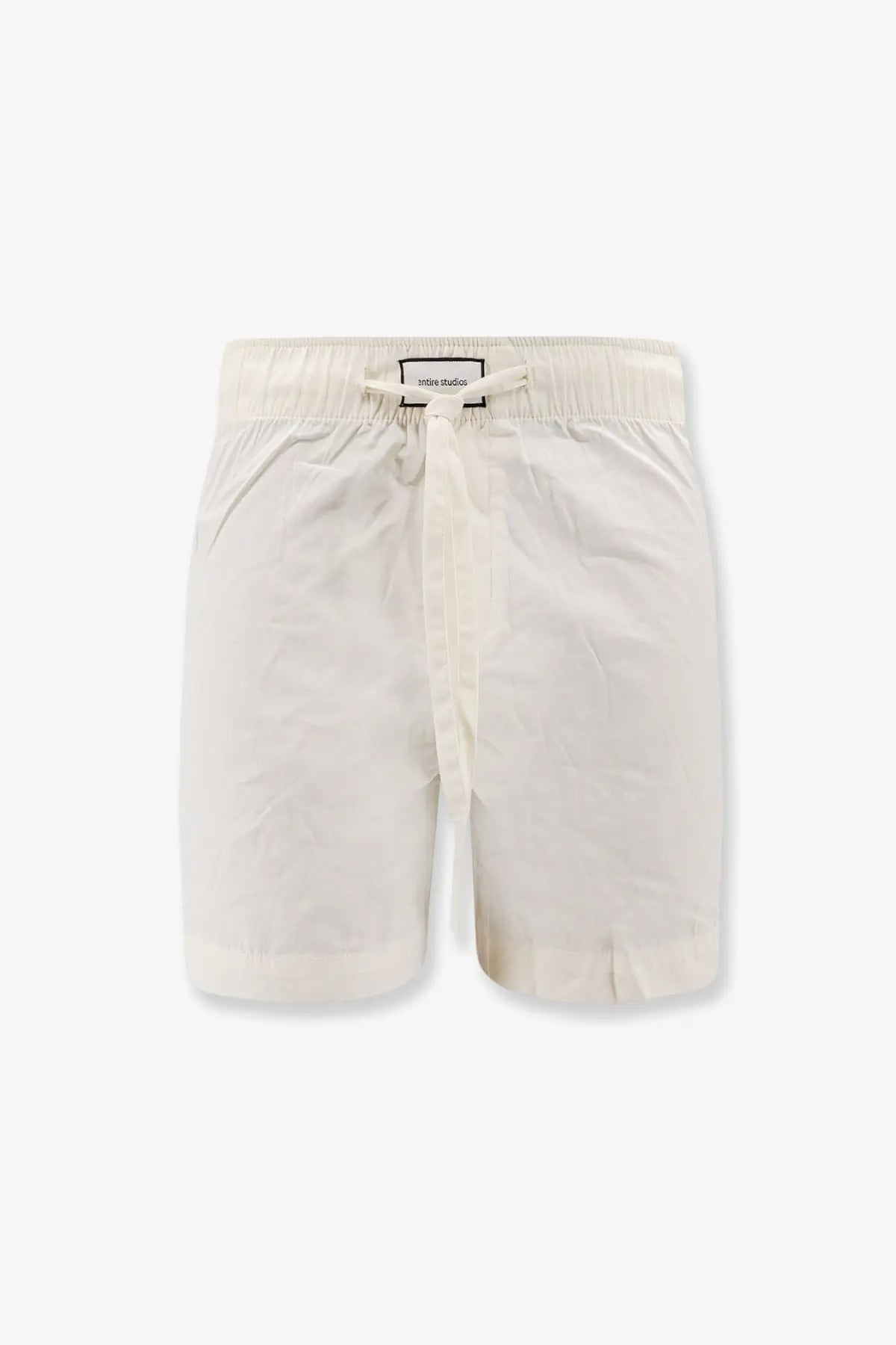 Cream-colored lightweight cotton bermuda shorts with elastic waistband and black label by entire studios white