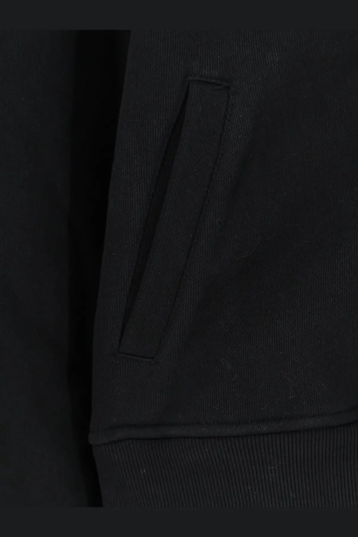 Black ribbed fabric pocket with neat stitching and subtle texture on Entire Studios unisex eternal zip cotton sweatshirt black