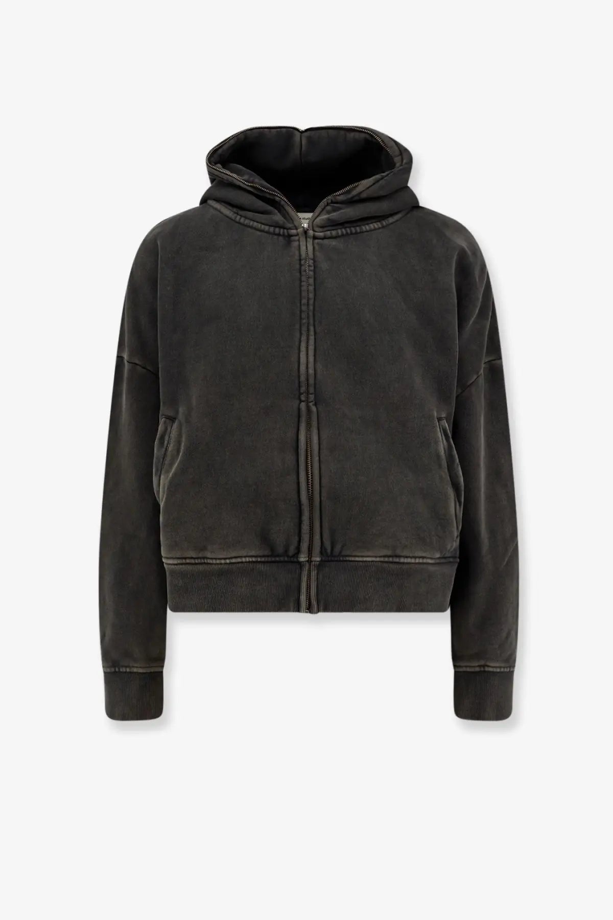 Black entire studios unisex eternal zip cotton sweatshirt with faded texture and ribbed cuffs, front view
