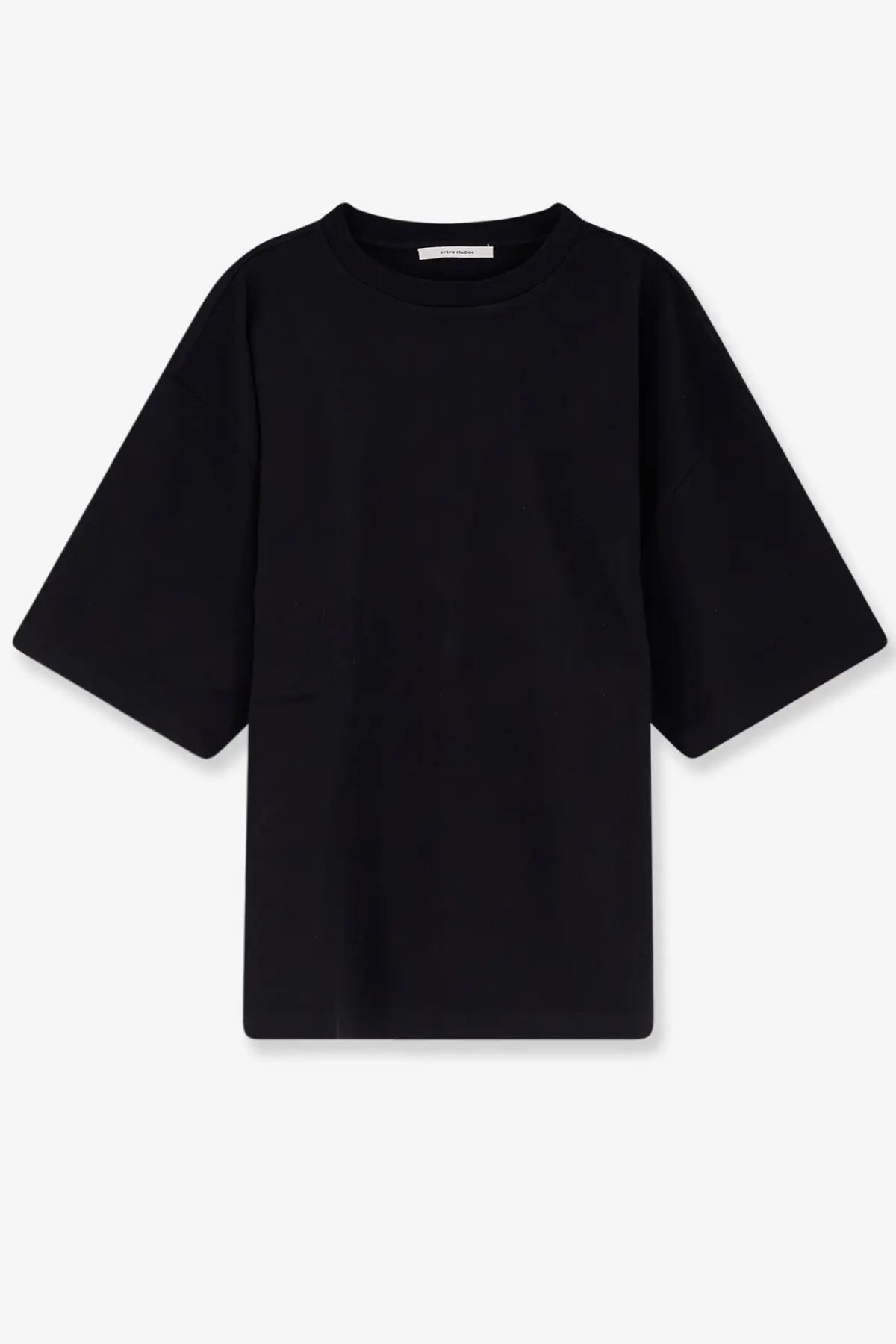 Black oversized crewneck unisex heavy boxy tee by Entire Studios with short sleeves and minimalist design