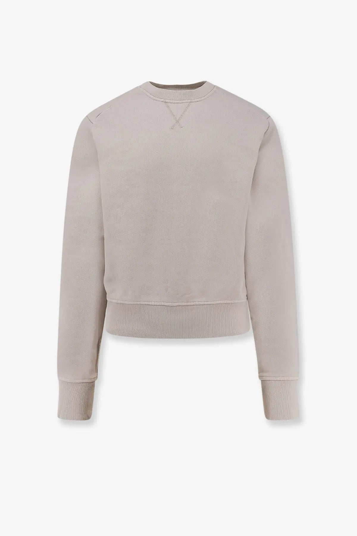 Entire Studios unisex pod crew cotton shirt white with soft beige cropped sweatshirt style ribbed cuffs hem and x stitch detail