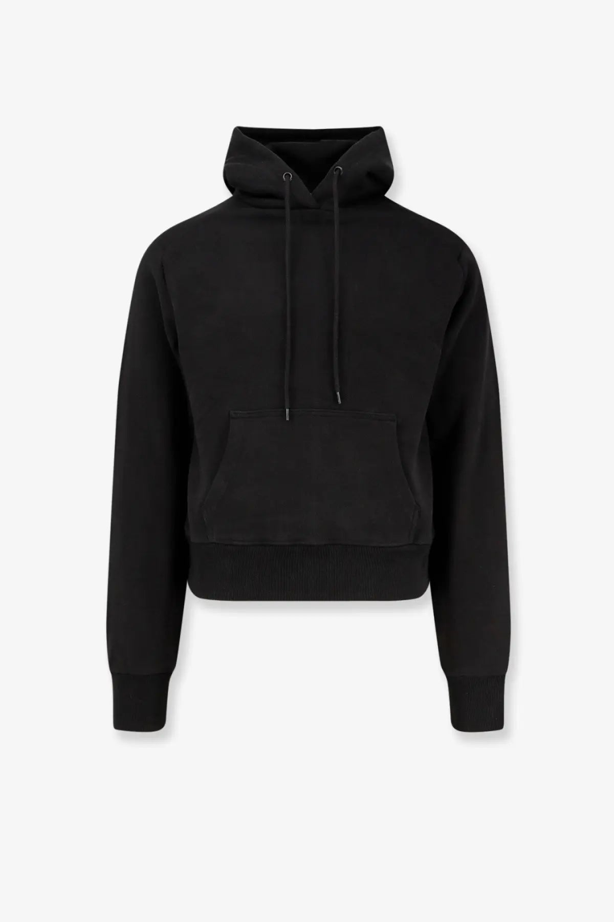 Black entire studios unisex cropped cotton hoodie with ribbed cuffs hem front kangaroo pocket and drawstring hood