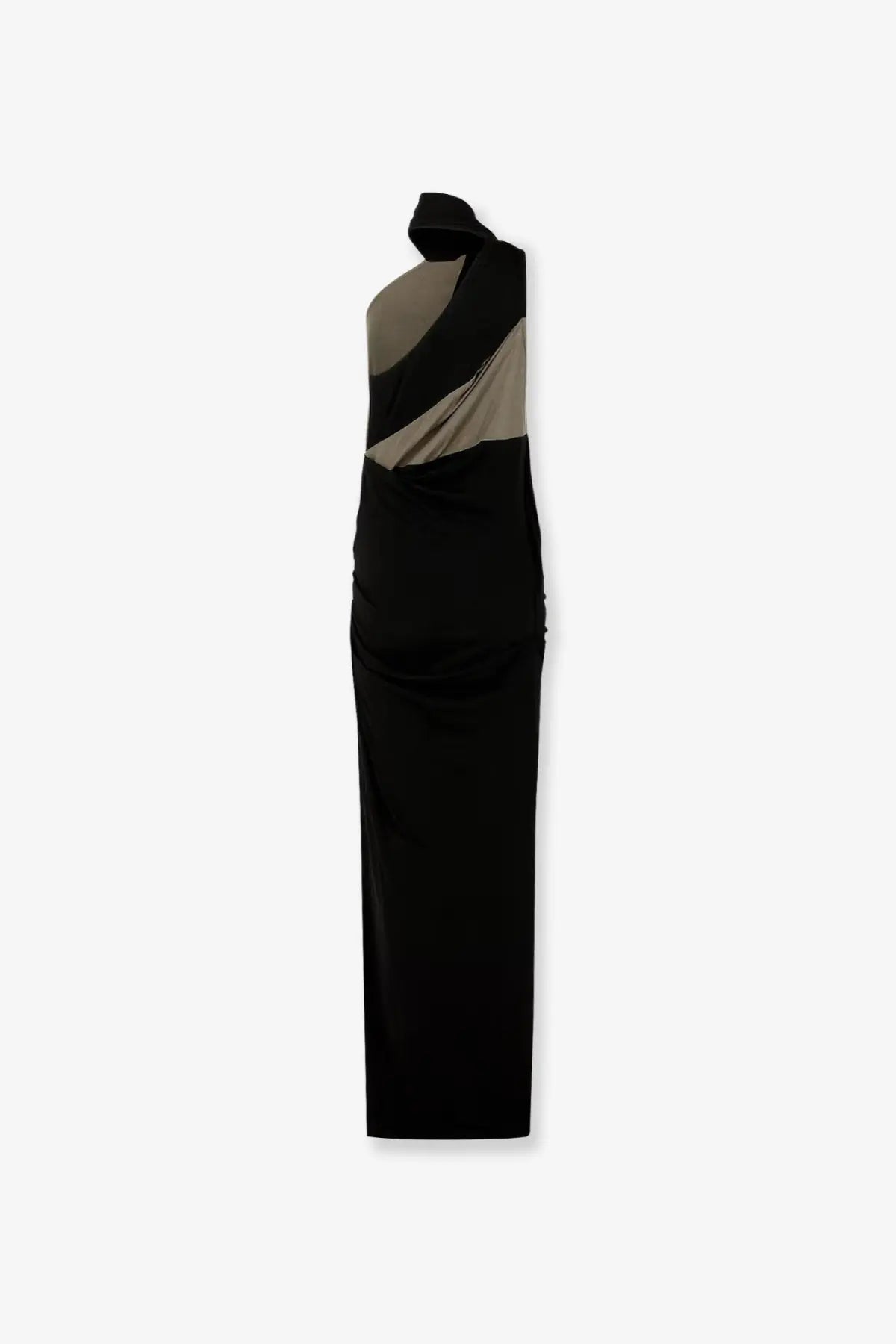 Entire studios women’s cotton blend long dress pudding with black and taupe asymmetrical one shoulder draped panels