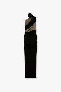 Entire studios women’s cotton blend long dress pudding with black and taupe asymmetrical one shoulder draped panels