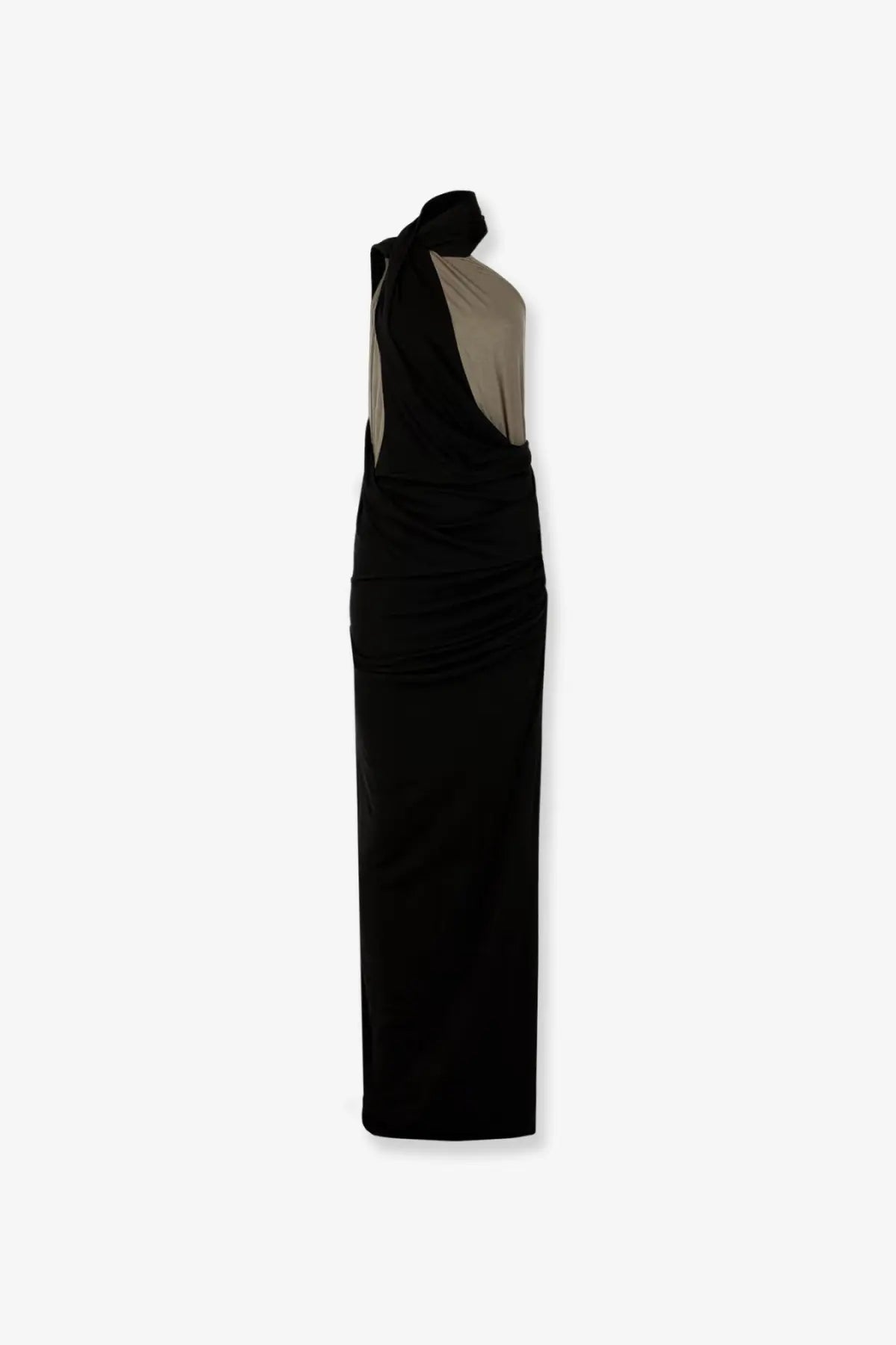 Entire Studios women’s cotton blend long dress in black and beige with one-shoulder draped neckline and fitted silhouette
