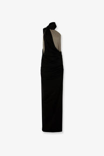 Entire Studios women’s cotton blend long dress in black and beige with one-shoulder draped neckline and fitted silhouette
