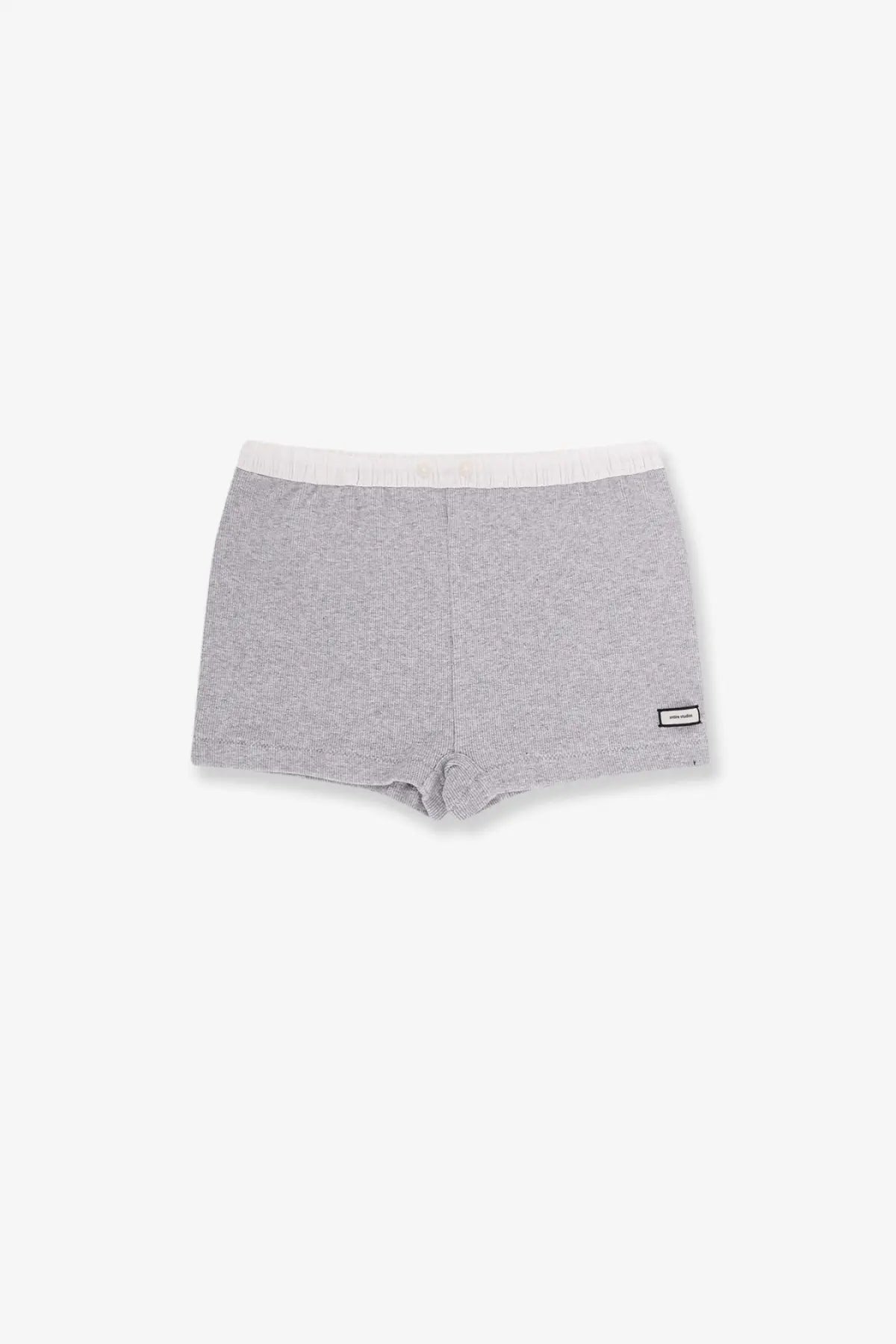 Entire Studios women’s cotton blend gray heathered boxer briefs with white waistband and black label on lower right leg