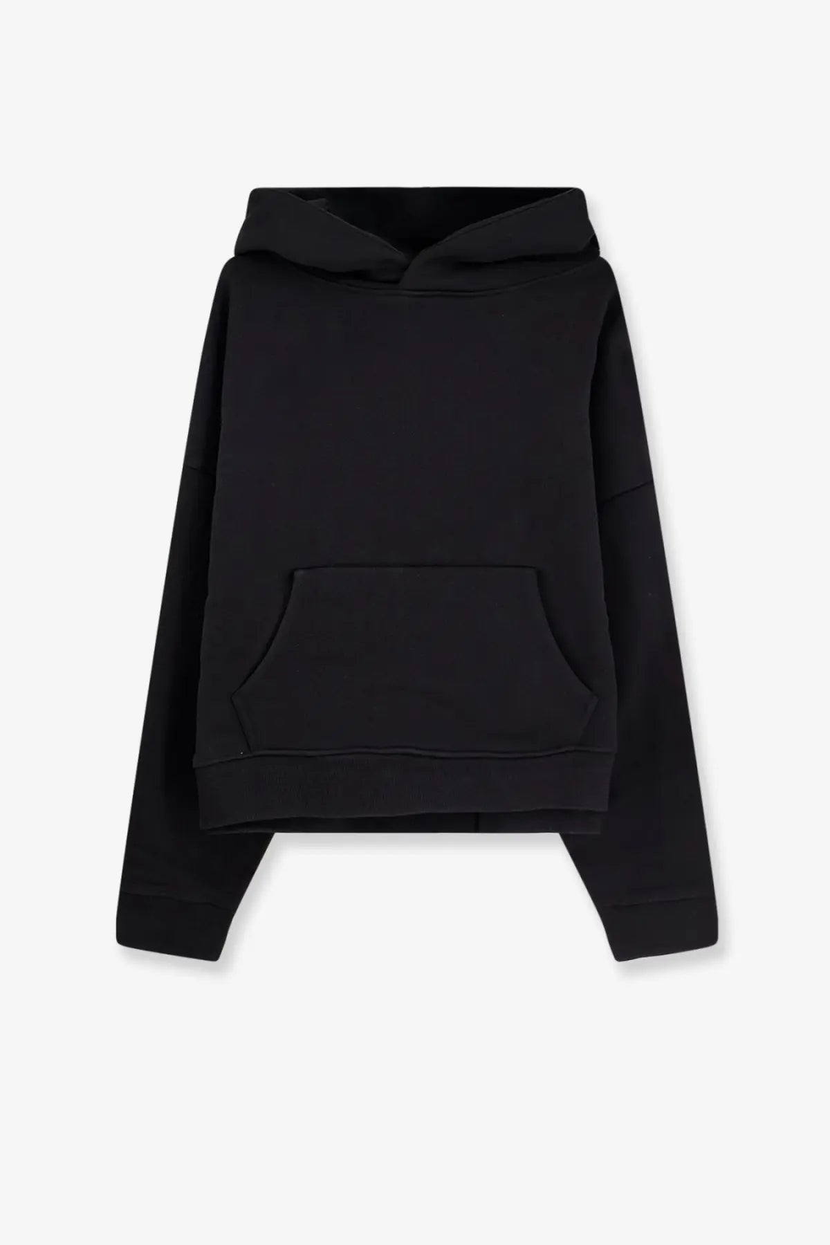 Entire Studios women’s black cotton cropped hoodie with front pocket and ribbed cuffs for casual wear