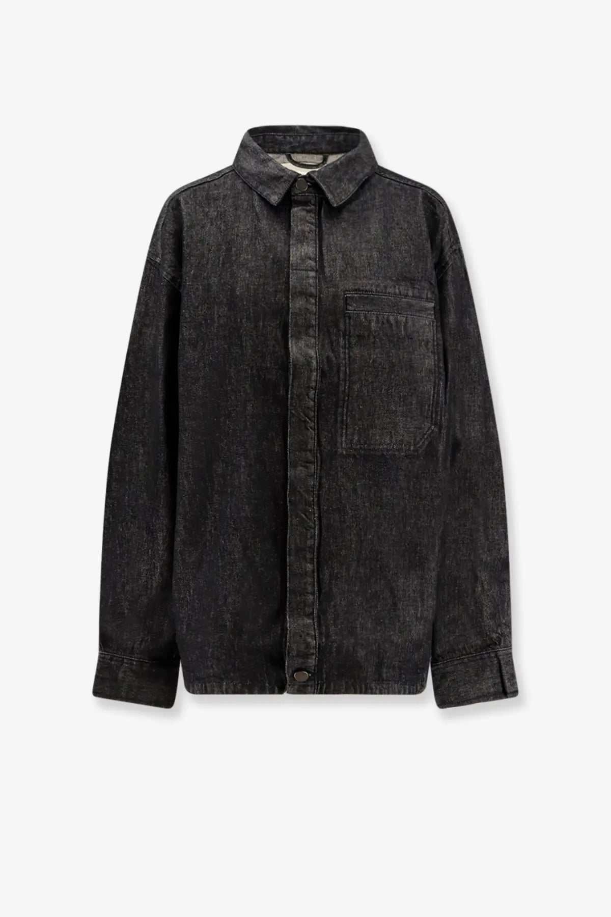 Entire Studios women’s Herculean black denim shirt jacket featuring a classic collar and button-front design