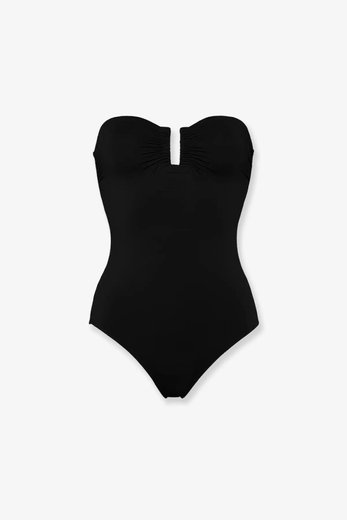 Eres women’s Cassiopee black lycra one-piece swimsuit with strapless ruched bodice and center front opening