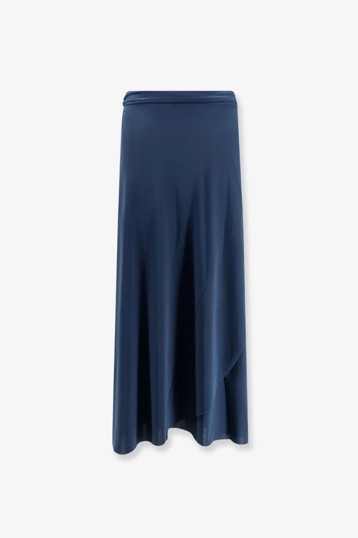 A sleek navy blue satin maxi skirt with high-waisted wrap design and subtle side slits from Eres women’s Julieta collection