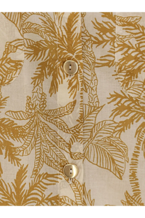 Eres women’s long Panama cotton shirt yellow in beige with golden tropical leaf pattern and matching gold buttons