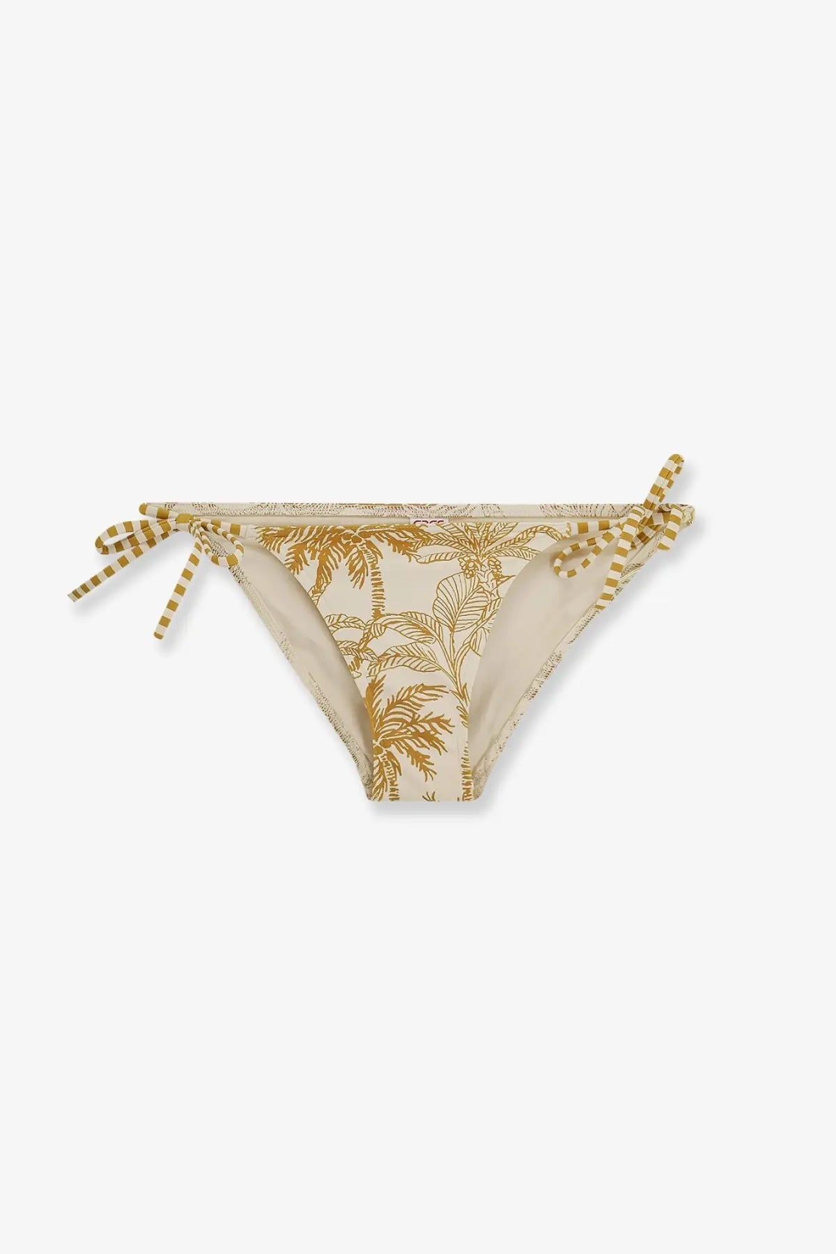 Beige nylon bikini bottom by Eres with gold palm tree print and striped tie-side strings, front view