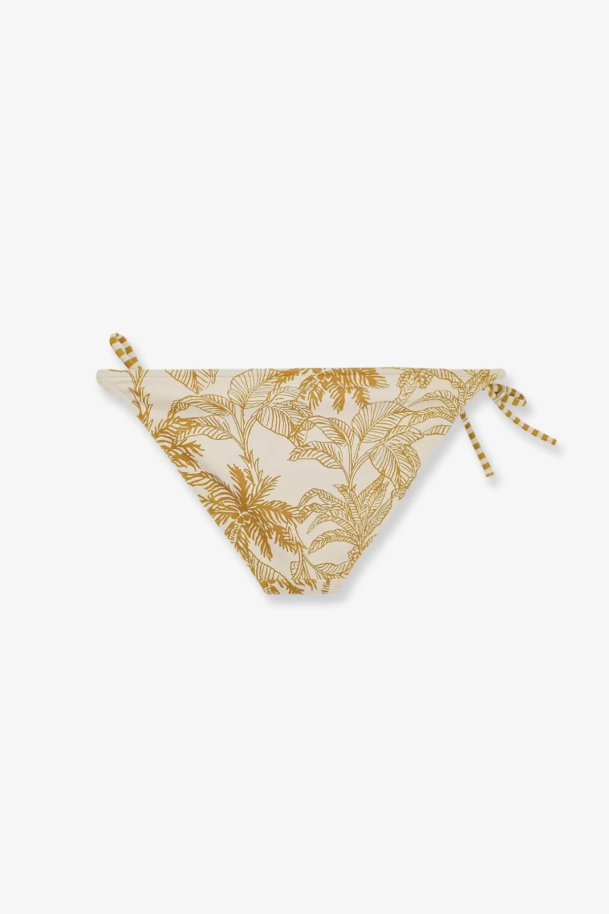 Eres women’s nylon bikini bottom in cream with gold tropical leaf pattern and striped tie-side ties