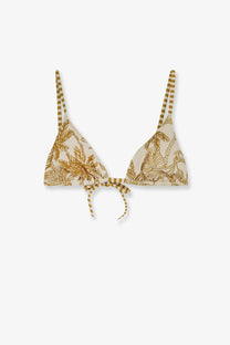Beige nylon triangle bikini top by Eres with gold palm leaf print and striped straps for women