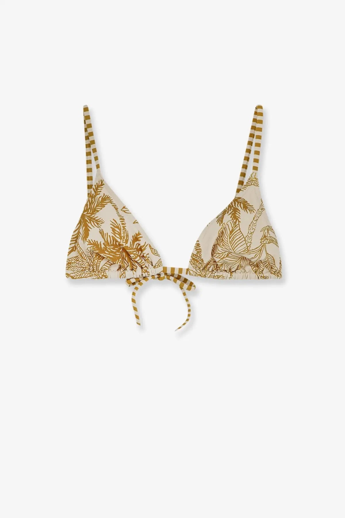 Beige nylon bikini top by Eres with gold palm leaf print and striped straps for women
