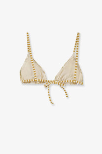 Beige nylon triangle bikini top by eres with gold and white striped straps lace trim and center tie