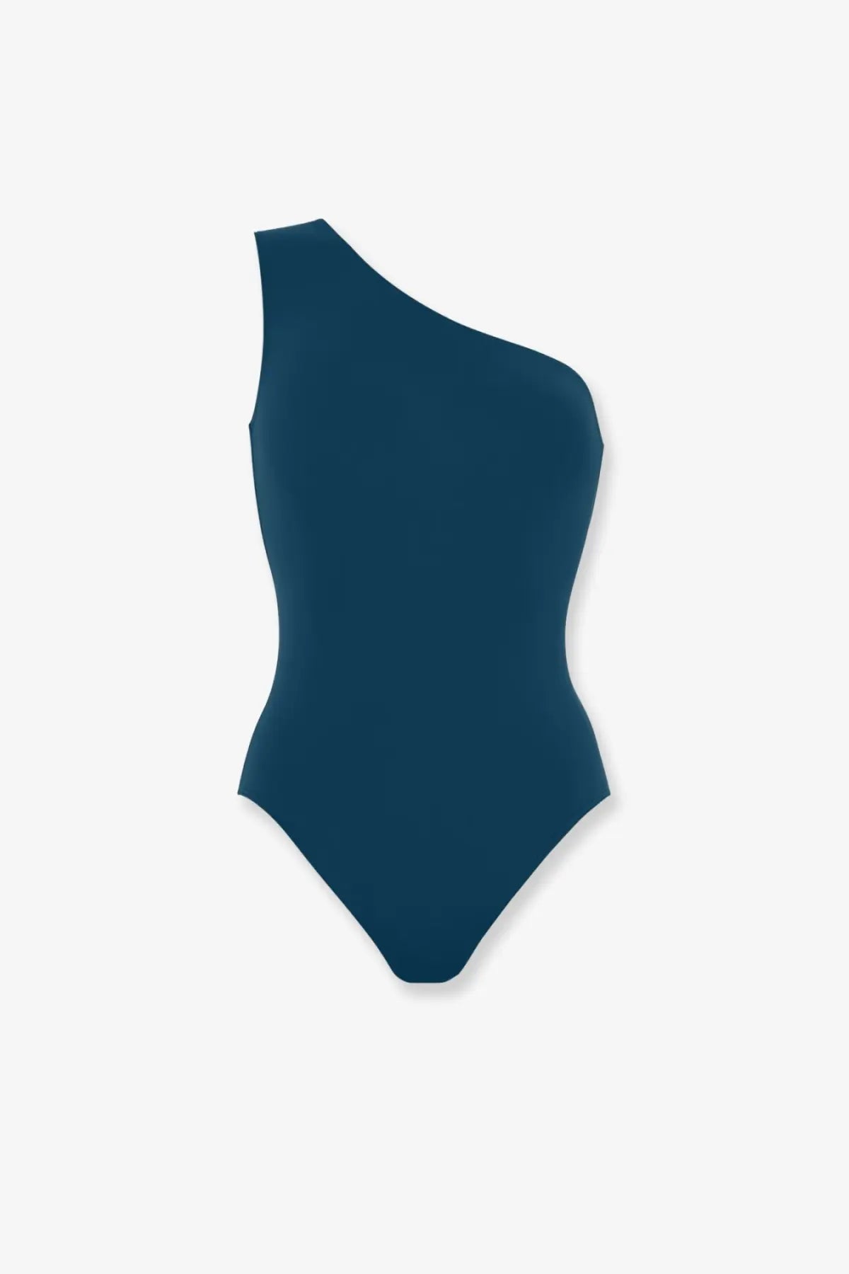 A sleek one-shoulder navy blue nylon one-piece swimsuit by Eres with a smooth, form-fitting design