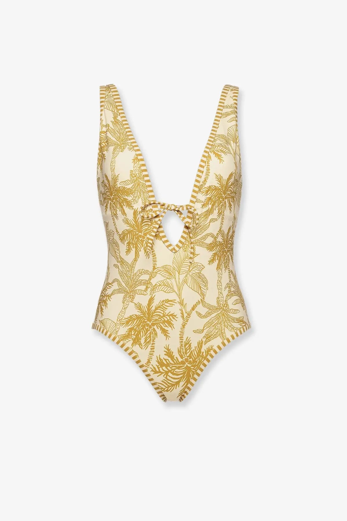 Eres women’s one piece swimsuit in cream with gold palm tree pattern and striped trim featuring keyhole neckline