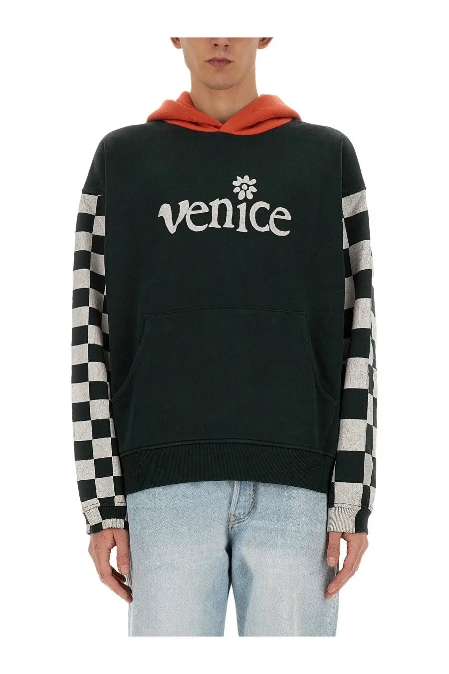 Erl men’s Venice sweatshirt in black with black and white checkered sleeves and orange hood featuring Venice logo