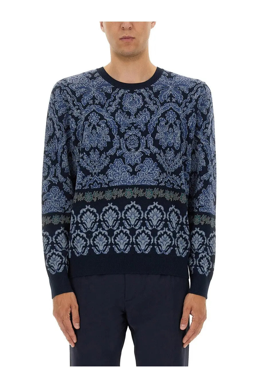 Etro men’s cotton jacquard knit navy blue sweater with damask pattern
