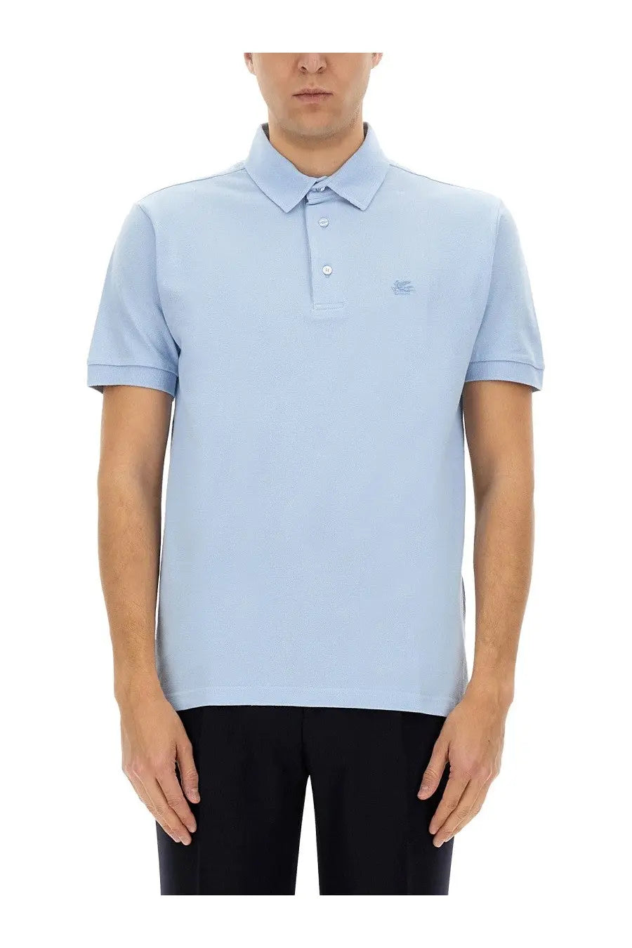 Etro mens cotton polo blue with textured weave and embroidered logo
