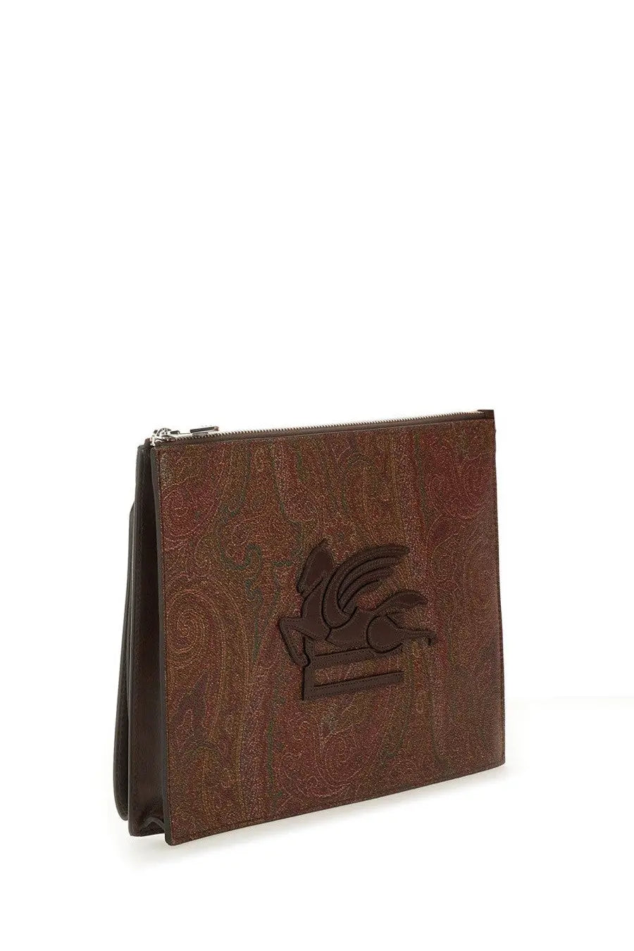 Brown leather clutch with embossed paisley pattern and dark brown winged horse logo by ETRO men’s dpp pouch essential paisley brown