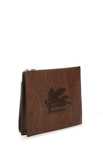 Brown leather clutch with embossed paisley pattern and dark brown winged horse logo by ETRO men’s dpp pouch essential paisley brown