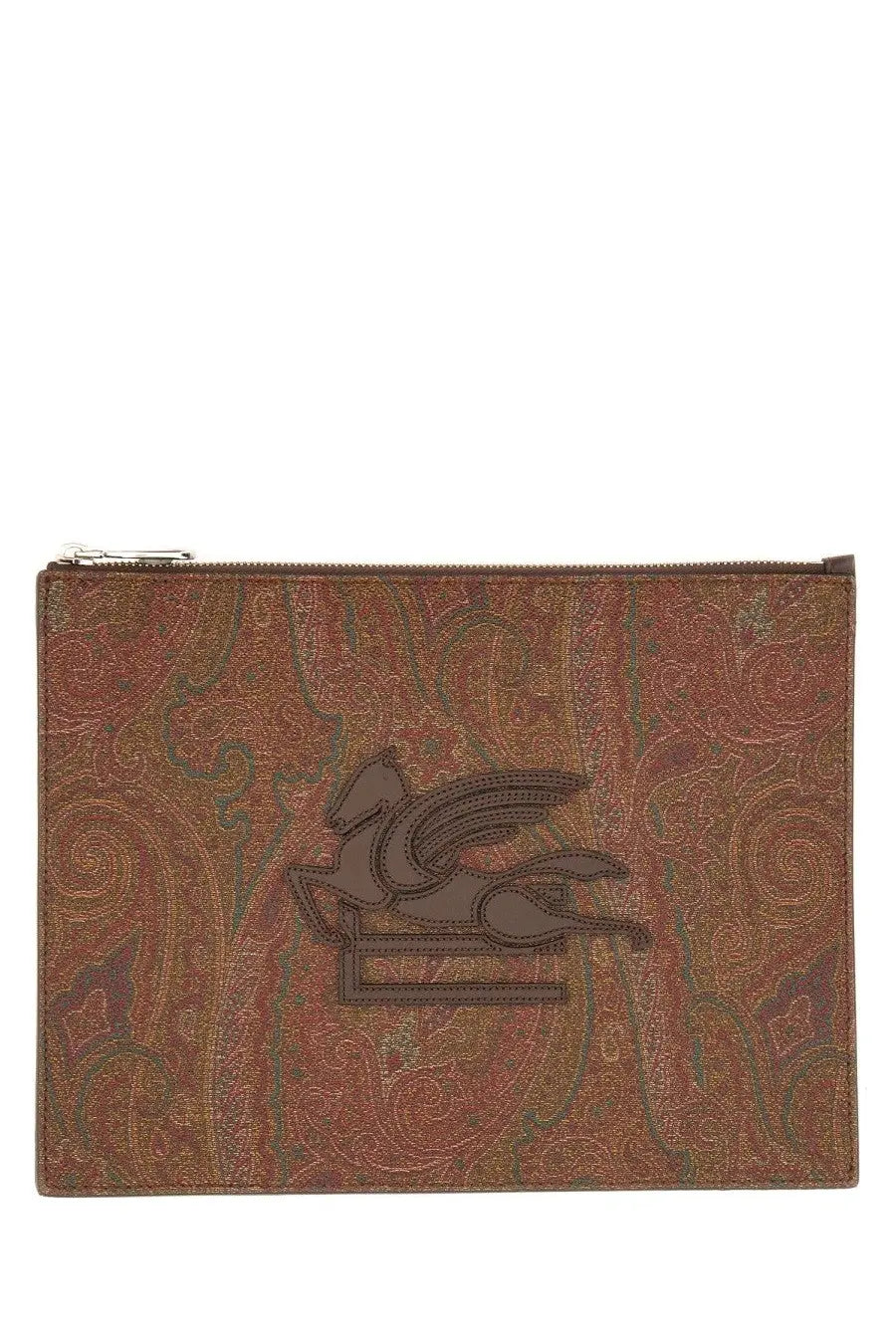 Brown paisley-patterned ETRO men’s Dpp pouch clutch with stitched pegasus logo in essential brown color