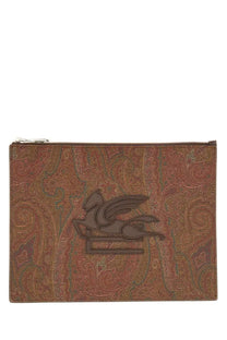 Brown paisley-patterned ETRO men’s Dpp pouch clutch with stitched pegasus logo in essential brown color