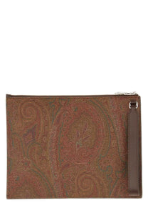 Etro men’s dpp pouch essential paisley brown clutch with leather strap and silver zipper in brown paisley pattern
