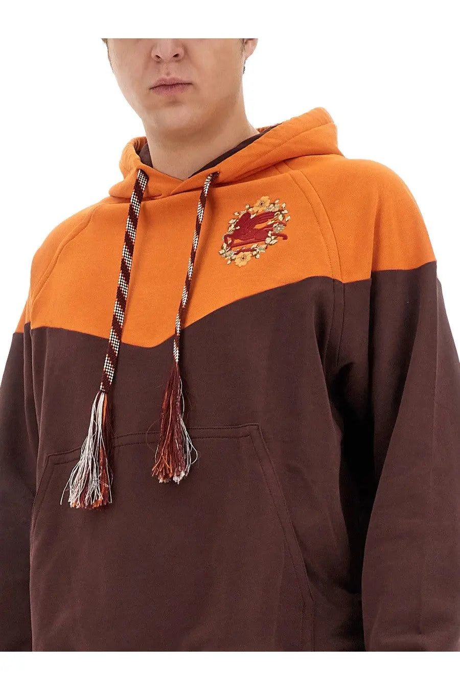 ETRO men’s orange brown color-block hooded sweatshirt with crest and tassels