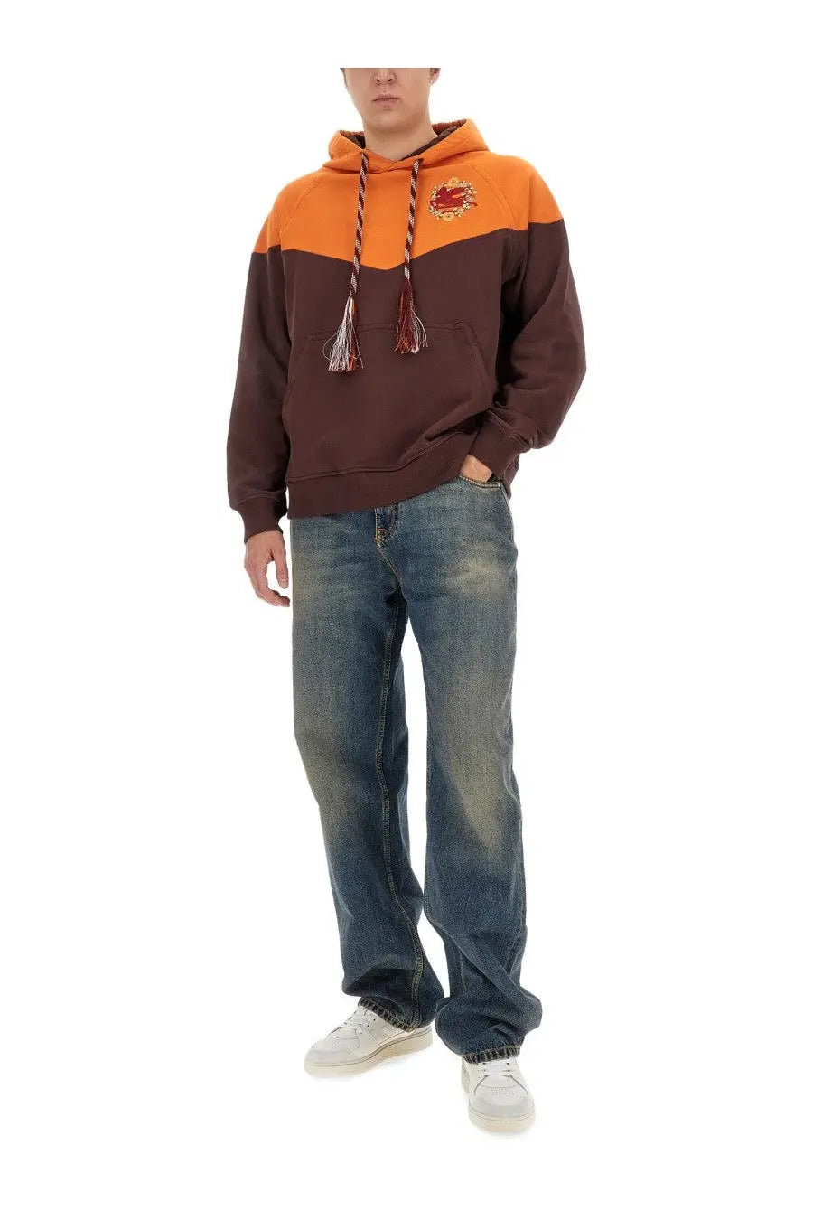 ETRO mens orange brown color-blocked hoodie with heart logo