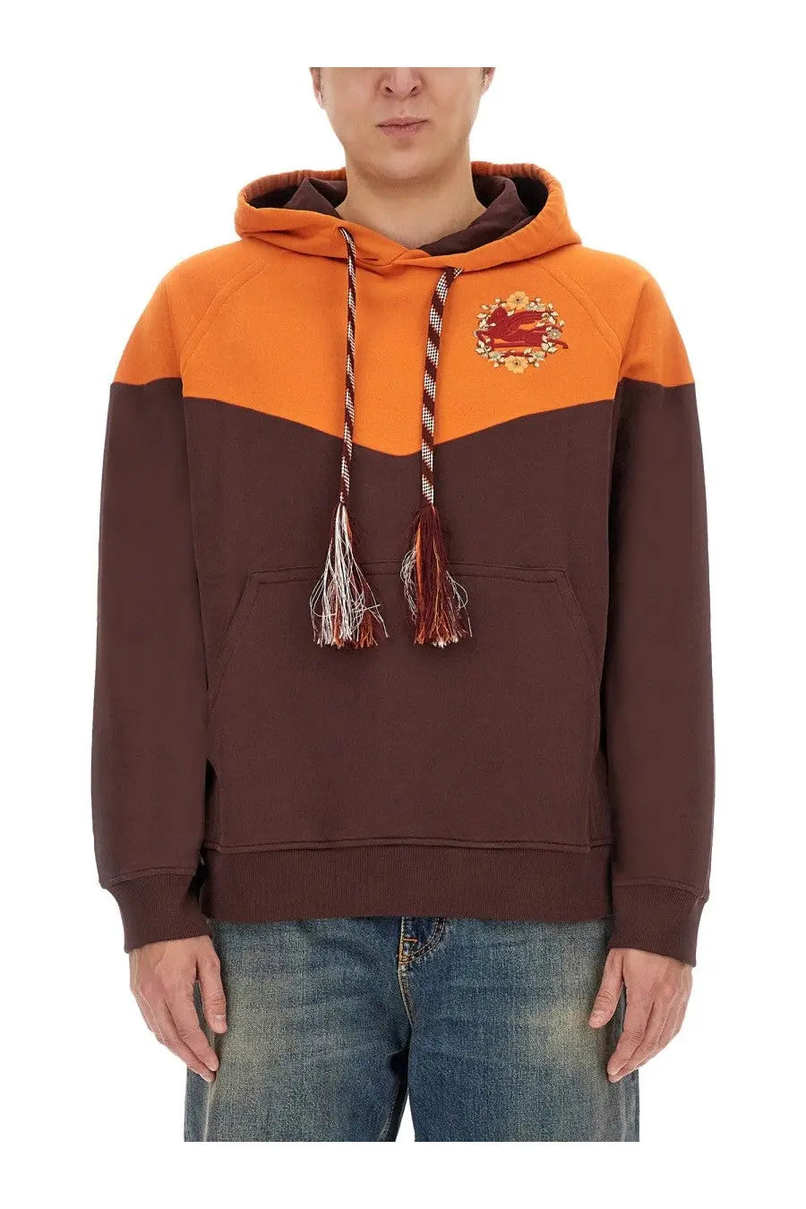 ETRO men’s orange hooded sweatshirt with brown color blocks, embroidered crest