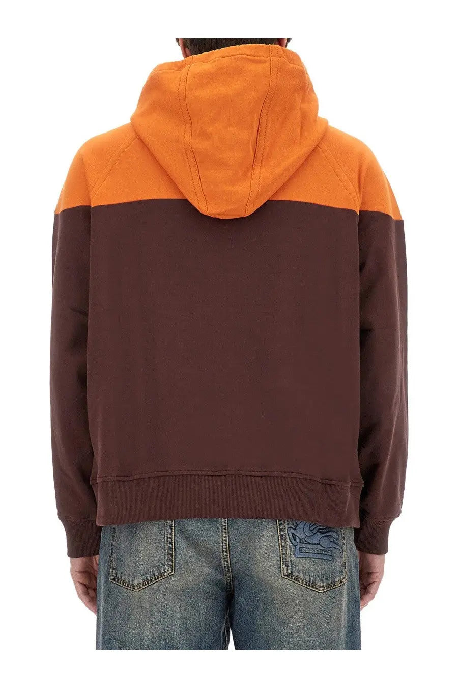 ETRO men’s orange and brown color-blocked hooded sweatshirt with ribbed hem and cuffs