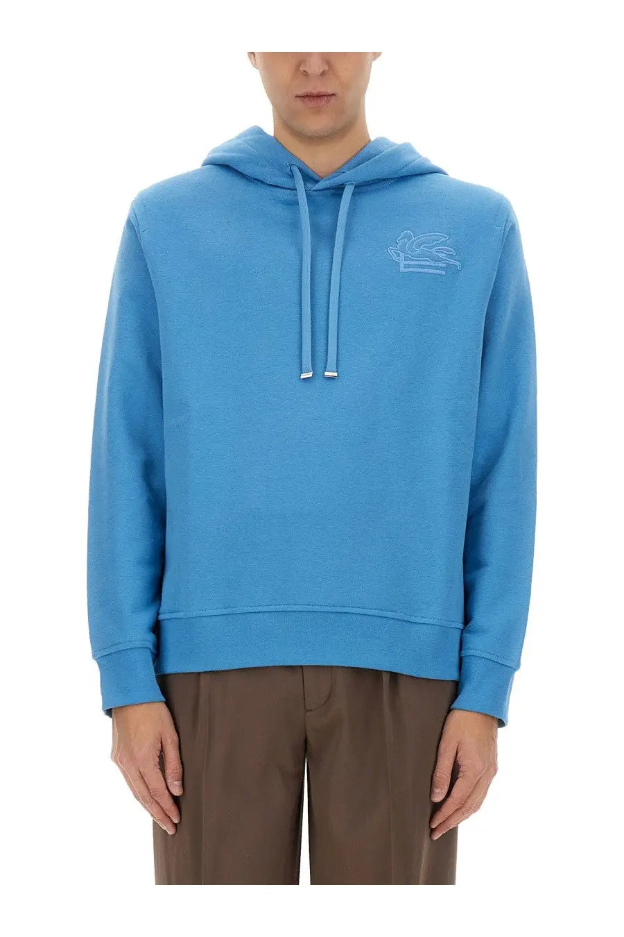 Etro men’s light blue hooded sweatshirt with subtle embroidered logo and matching drawstrings for casual wear
