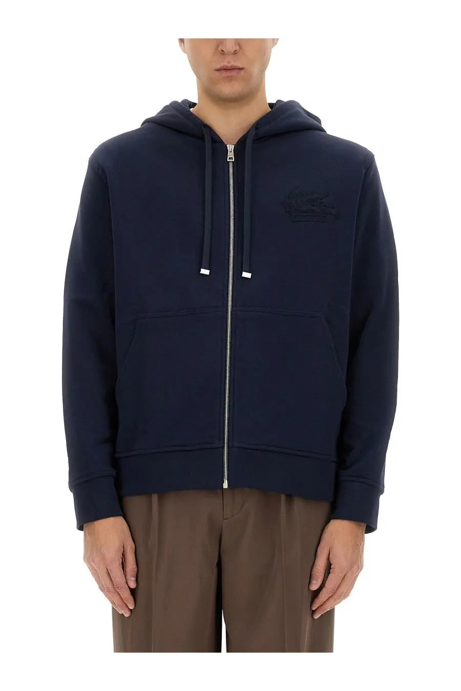 Etro mens navy blue zip-up hoodie with embroidered logo and silver zipper