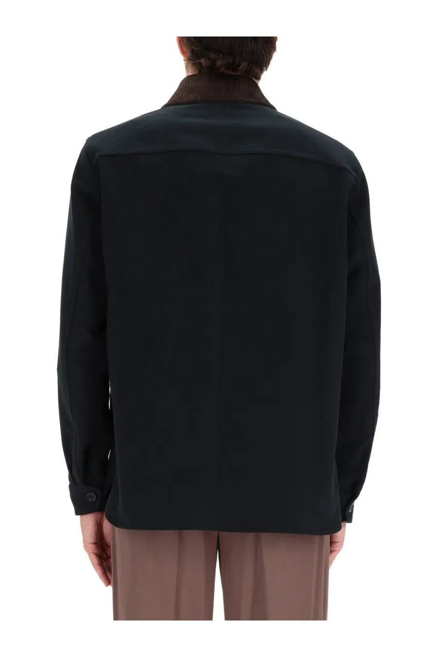 Etro men’s black cotton jacket with contrasting brown ribbed collar for stylish casual wear