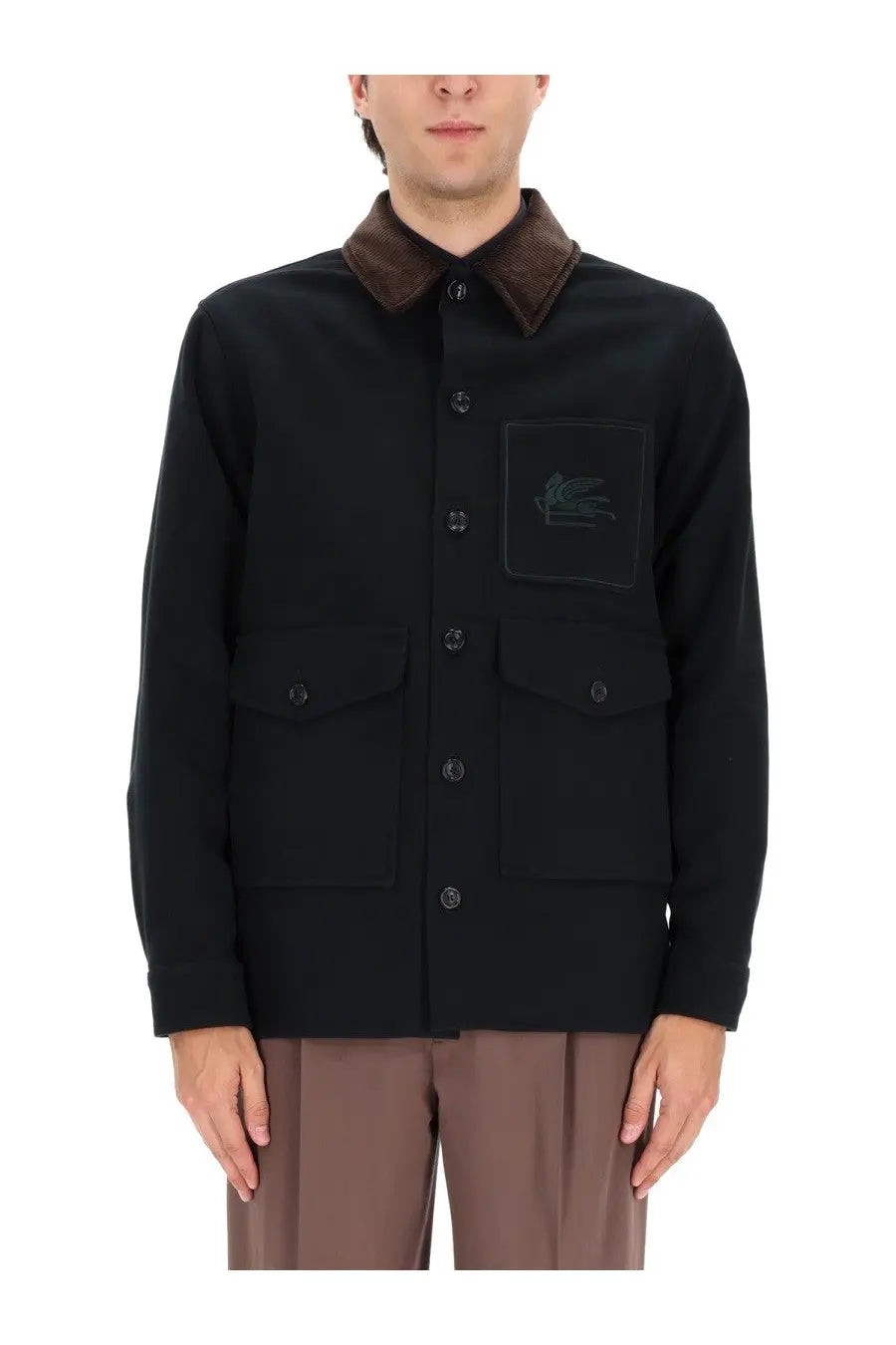 Etro men’s jacket green black woolen with brown corduroy collar and subtle embroidered logo on chest pocket
