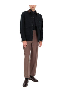 Etro men’s black woolen jacket with dark brown fur collar and two front pockets featuring subtle chest branding