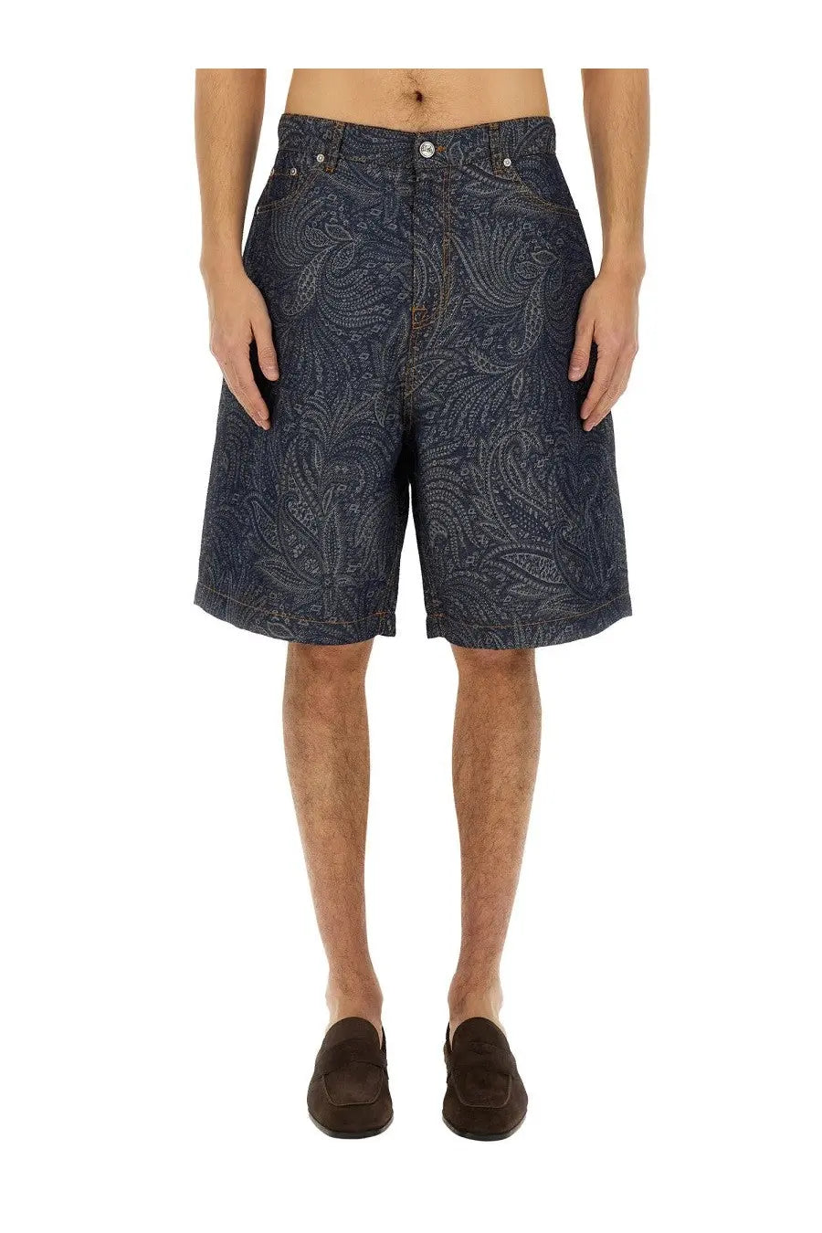 Etro mens jacquard denim Bermuda shorts in dark blue paisley pattern